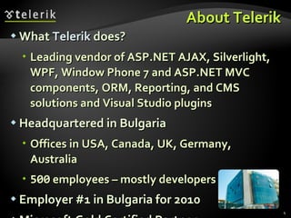 About Telerik <ul><li>What  Telerik  does? </li></ul><ul><ul><li>Leading vendor of ASP.NET AJAX, Silverlight, WPF, Window ...