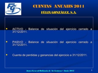 CUE AS ANUAL S 2011
                        NT       E
                             FÉLIX GONZÁLEZ, S.A.



   ACTIVO - Balance de situación del ejercicio cerrado a
    31/12/2011.


   PASIVO - Balance de situación del ejercicio cerrado a
    31/12/2011.


   Cuenta de perdidas y ganancias del ejercicio a 31/12/2011.




              Junta General Ordinaria de Accionistas – Junio 2012   3
 