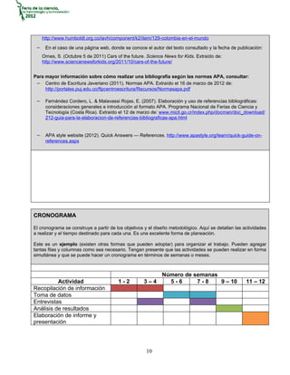 http://www.humboldt.org.co/iavh/component/k2/item/129-colombia-en-el-mundo

 − En el caso de una página web, donde se conoce el autor del texto consultado y la fecha de publicación:
    Ornes, S. (Octubre 5 de 2011) Cars of the future. Science News for Kids. Extraído de:
    http://www.sciencenewsforkids.org/2011/10/cars-of-the-future/


Para mayor información sobre cómo realizar una bibliografía según las normas APA, consultar:
 − Centro de Escritura Javeriano (2011). Normas APA. Extraído el 16 de marzo de 2012 de:
     http://portales.puj.edu.co/ftpcentroescritura/Recursos/Normasapa.pdf

 − Fernández Cordero, L. & Malavassi Rojas, E. (2007). Elaboración y uso de referencias bibliográficas:
     consideraciones generales e introducción al formato APA. Programa Nacional de Ferias de Ciencia y
     Tecnología (Costa Rica). Extraído el 12 de marzo de: www.micit.go.cr/index.php/docman/doc_download/
     212-guia-para-la-elaboracion-de-referencias-bibliograficas-apa.html


 − APA style website (2012). Quick Answers — References. http://www.apastyle.org/learn/quick-guide-on-
     references.aspx




CRONOGRAMA

El cronograma se construye a partir de los objetivos y el diseño metodológico. Aquí se detallan las actividades
a realizar y el tiempo destinado para cada una. Es una excelente forma de planeación.

Este es un ejemplo (existen otras formas que pueden adoptar) para organizar el trabajo. Pueden agregar
tantas filas y columnas como sea necesario. Tengan presente que las actividades se pueden realizar en forma
simultánea y que se puede hacer un cronograma en términos de semanas o meses.



                                                             Número de semanas
          Actividad                     1-2         3–4        5-6      7-8    9 – 10                11 – 12
Recopilación de información
Toma de datos
Entrevistas
Análisis de resultados
Elaboración de informe y
presentación




                                                     10
 