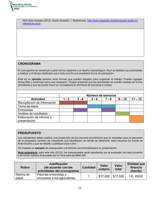 APA style website (2012). Quick Answers — References. http://www.apastyle.org/learn/quick-guide-on-
     references.aspx




 CRONOGRAMA

 El cronograma se construye a partir de los objetivos y el diseño metodológico. Aquí se detallan las actividades
 a realizar y el tiempo destinado para cada una.Es una excelente forma de planeación.

 Este es un ejemplo (existen otras formas que pueden adoptar) para organizar el trabajo. Pueden agregar
 tantas filas y columnas como sea necesario. Tengan presente que las actividades se pueden realizar en forma
 simultánea y que se puede hacer un cronograma en términos de semanas o meses.



                                                              Número de semanas
           Actividad                     1-2          3 –4      5-6      7-8    9 – 10                11 – 12
 Recopilación de información
 Toma de datos
 Entrevistas
 Análisis de resultados
 Elaboración de informe y
 presentación



 PRESUPUESTO
 Los estudiantes deben realizar una proyección de los recursos económicos que se necesitan para la ejecución
 de la propuesta; también es importante que identifiquen de dónde se obtendrán esos recursos (la fuente de
 financiación) y que se detalle y justifique cada rubro.
 Se muestra un ejemplo de presupuesto y el formato recomendadopara su presentación.
 Nota aclaratoria: para este año (2012), los presupuestos serán aprobados por el evaluador de cada proyecto
 y el monto máximo financiable por la Feria será de $400.000.


                           Justificación                                                          Entidad que
                                                                         Valor         Valor
   Rubro               (de acuerdo con las                 Cantidad                                financia
                                                                        unitario       total
                  actividades del cronograma)                                                       (fuente)
Resma de          Para las entrevistas y
                                                               1         $17.000     $17.000        I.E. XXXX
papel             encuestas a los agricultores.


                                                      10
 