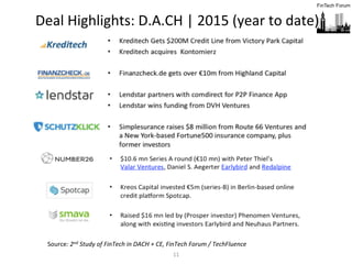 11	
  
Deal	
  Highlights:	
  D.A.CH	
  |	
  2015	
  (year	
  to	
  date)	
  	
  
Source:	
  2nd	
  Study	
  of	
  FinTech	
  in	
  DACH	
  +	
  CE,	
  FinTech	
  Forum	
  /	
  TechFluence	
  
 