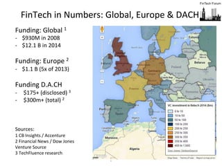 2	
  
FinTech	
  in	
  Numbers:	
  Global,	
  Europe	
  &	
  DACH	
  	
  
Funding:	
  Global	
  1	
  
-­‐  $930M	
  in	
  2008	
  
-­‐  $12.1	
  B	
  in	
  2014	
  
	
  
Funding:	
  Europe	
  2	
  
-­‐  $1.1	
  B	
  (5x	
  of	
  2013)	
  	
  
Funding	
  D.A.CH	
  
-­‐  $175+	
  (disclosed)	
  3	
  
-­‐  $300m+	
  (total)	
  2	
  
Sources:	
  
1	
  CB	
  Insights	
  /	
  Accenture	
  
2	
  Financial	
  News	
  /	
  Dow	
  Jones	
  
Venture	
  Source	
  
3	
  TechFluence	
  research	
  
 