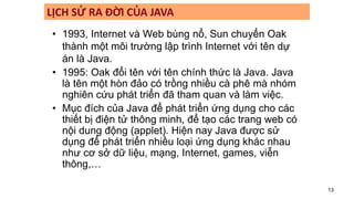13
• 1993, Internet và Web bùng nổ, Sun chuyển Oak
thành một môi trường lập trình Internet với tên dự
án là Java.
• 1995: Oak đổi tên với tên chính thức là Java. Java
là tên một hòn đảo có trồng nhiều cà phê mà nhóm
nghiên cứu phát triển đã tham quan và làm việc.
• Mục đích của Java để phát triển ứng dụng cho các
thiết bị điện tử thông minh, để tạo các trang web có
nội dung động (applet). Hiện nay Java được sử
dụng để phát triển nhiều loại ứng dụng khác nhau
như cơ sở dữ liệu, mạng, Internet, games, viễn
thông,…
LỊCH SỬ RA ĐỜI CỦA JAVA
 