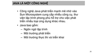 25
JAVA LÀ MỘT CÔNG NGHỆ
• Công nghệ Java phát triển mạnh mẽ nhờ vào
Sun Microsystem cung cấp nhiều công cụ, thư
viện lập trình phong phú hỗ trợ cho việc phát
triển nhiều loại ứng dụng khác nhau.
• Java bao gồm:
– Ngôn ngữ lập trình
– Môi trường phát triển
– Môi trường thực thi và triển khai
 