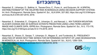 БҮТЭЭЛҮҮД
• Nasanbat, E., Lkhamjav, O., Balkhai, A., Tsevee-Oirov, C., Purev, A., and Dorjsuren, M.: A SPATIAL
DISTRIBUTIONMAP OF THE WILDFIRE RISK IN MONGOLIA USING DECISION SUPPORT SYSTEM,
Int. Arch. Photogramm. Remote Sens. Spatial Inf. Sci., XLII-3/W4, 357-362, https://doi.org/10.5194/isprs-
archives-XLII-3-W4-357-2018, 2018.
• Nasanbat, E., Erdenebat, E., Chogsom, B., Lkhamjav, O., and Nanzad, L.: IKH TURGEN MOUNTAIN
GLACIER CHANGE AND 3D SURFACE EXTENTS PREDICTION USING LONG TERM LANDSAT
IMAGE AND CLIMATE DATA, ISPRS Ann. Photogramm. Remote Sens. Spatial Inf. Sci., IV-3, 173-176,
https://doi.org/10.5194/isprs-annals-IV-3-173-2018, 2018
• Nasanbat, E., Sharav, S., Sanjaa, T., Lkhamjav, O., Magsar, E., and Tuvdendorj, B.: FREQUENCY
ANALYSIS OF MODIS NDVI TIME SERIES FOR DETERMINING HOTSPOT OF LAND DEGRADATION
IN MONGOLIA, Int. Arch. Photogramm. Remote Sens. Spatial Inf. Sci., XLII-3, 1299-1304,
https://doi.org/10.5194/isprs-archives-XLII-3-1299-2018, 2018.
 