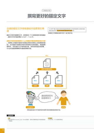 <a href=“http://www.brandonsbaseballcards.com/articles/ten-rarest-base-
                                                        ball-cards.htm”>Top Ten Rarest Baseball Cards</a>




                            <a href=“...”></a>

                               Google
                                        (
      )                    (                        )

     Google




                                        Googlebot




      CSS
              (Cascading Style Sheet)




16
 