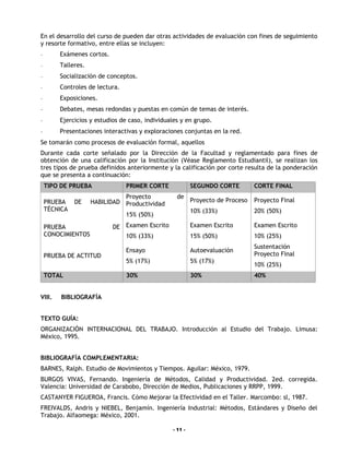 En el desarrollo del curso de pueden dar otras actividades de evaluación con fines de seguimiento
y resorte formativo, entre ellas se incluyen:
-       Exámenes cortos.
-       Talleres.
-       Socialización de conceptos.
-       Controles de lectura.
-       Exposiciones.
-       Debates, mesas redondas y puestas en común de temas de interés.
-       Ejercicios y estudios de caso, individuales y en grupo.
-       Presentaciones interactivas y exploraciones conjuntas en la red.
Se tomarán como procesos de evaluación formal, aquellos
Durante cada corte señalado por la Dirección de la Facultad y reglamentado para fines de
obtención de una calificación por la Institución (Véase Reglamento Estudiantil), se realizan los
tres tipos de prueba definidos anteriormente y la calificación por corte resulta de la ponderación
que se presenta a continuación:
    TIPO DE PRUEBA              PRIMER CORTE             SEGUNDO CORTE         CORTE FINAL
                              Proyecto            de
    PRUEBA    DE    HABILIDAD Productividad              Proyecto de Proceso   Proyecto Final
    TÉCNICA                                              10% (33%)             20% (50%)
                                15% (50%)
    PRUEBA                 DE Examen Escrito             Examen Escrito        Examen Escrito
    CONOCIMIENTOS             10% (33%)                  15% (50%)             10% (25%)
                                                                               Sustentación
                                Ensayo                   Autoevaluación
    PRUEBA DE ACTITUD                                                          Proyecto Final
                                5% (17%)                 5% (17%)
                                                                               10% (25%)
    TOTAL                       30%                      30%                   40%


VIII.    BIBLIOGRAFÍA


TEXTO GUÍA:
ORGANIZACIÓN INTERNACIONAL DEL TRABAJO. Introducción al Estudio del Trabajo. Limusa:
México, 1995.


BIBLIOGRAFÍA COMPLEMENTARIA:
BARNES, Ralph. Estudio de Movimientos y Tiempos. Aguilar: México, 1979.
BURGOS VIVAS, Fernando. Ingeniería de Métodos, Calidad y Productividad. 2ed. corregida.
Valencia: Universidad de Carabobo, Dirección de Medios, Publicaciones y RRPP, 1999.
CASTANYER FIGUEROA, Francis. Cómo Mejorar la Efectividad en el Taller. Marcombo: sl, 1987.
FREIVALDS, Andris y NIEBEL, Benjamín. Ingeniería Industrial: Métodos, Estándares y Diseño del
Trabajo. Alfaomega: México, 2001.

                                                - 11 -
 