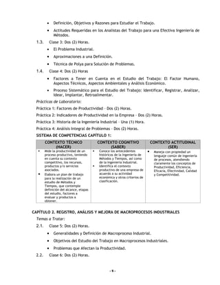 •     Definición, Objetivos y Razones para Estudiar el Trabajo.
          •     Actitudes Requeridas en los Analistas del Trabajo para una Efectiva Ingeniería de
                Métodos.
  1.3.        Clase 3: Dos (2) Horas.
          •     El Problema Industrial.
          •     Aproximaciones a una Definición.
          •     Técnica de Polya para Solución de Problemas.
  1.4.        Clase 4: Dos (2) Horas
          •     Factores a Tener en Cuenta en el Estudio del Trabajo: El Factor Humano,
                Aspectos Técnicos, Aspectos Ambientales y Análisis Económico.
          •     Proceso Sistemático para el Estudio del Trabajo: Identificar, Registrar, Analizar,
                Idear, Implantar, Retroalimentar.
  Prácticas de Laboratorio:
  Práctica 1: Factores de Productividad – Dos (2) Horas.
  Práctica 2: Indicadores de Productividad en la Empresa – Dos (2) Horas.
  Práctica 3: Historia de la Ingeniería Industrial – Una (1) Hora.
  Práctica 4: Análisis Integral de Problemas – Dos (2) Horas.
  SISTEMA DE COMPETENCIAS CAPÍTULO 1:
         CONTEXTO TÉCNICO                     CONTEXTO COGNITIVO                   CONTEXTO ACTITUDINAL
             (HACER)                               (SABER)                                (SER)
        Mide la productividad de un         Conoce los antecedentes              Maneja con propiedad un
         proceso productivo, teniendo         históricos de la Ingeniería de        lenguaje común de ingeniería
         en cuenta su contexto                Métodos y Tiempos, así como           de procesos, atendiendo
         competitivo, los recursos,           de la Ingeniería Industrial.          claramente los conceptos de
         productos y/o servicios             Identifica el contexto                Productividad, Eficiencia,
         asociados.                           productivo de una empresa de          Eficacia, Efectividad, Calidad
        Elabora un plan de trabajo           acuerdo a su actividad                y Competitividad.
         para la realización de un            económica y otros criterios de
         estudio de Métodos y                 clasificación.
         Tiempos, que contemple
         definición del alcance, etapas
         del estudio, factores a
         evaluar y productos a
         obtener.


CAPÍTULO 2. REGISTRO, ANÁLISIS Y MEJORA DE MACROPROCESOS INDUSTRIALES
  Temas a Tratar:
  2.1.        Clase 5: Dos (2) Horas.
          •     Generalidades y Definición de Macroproceso Industrial.
          •     Objetivos del Estudio del Trabajo en Macroprocesos Industriales.
          •     Problemas que Afectan la Productividad.
  2.2.        Clase 6: Dos (2) Horas.


                                                     -5-
 
