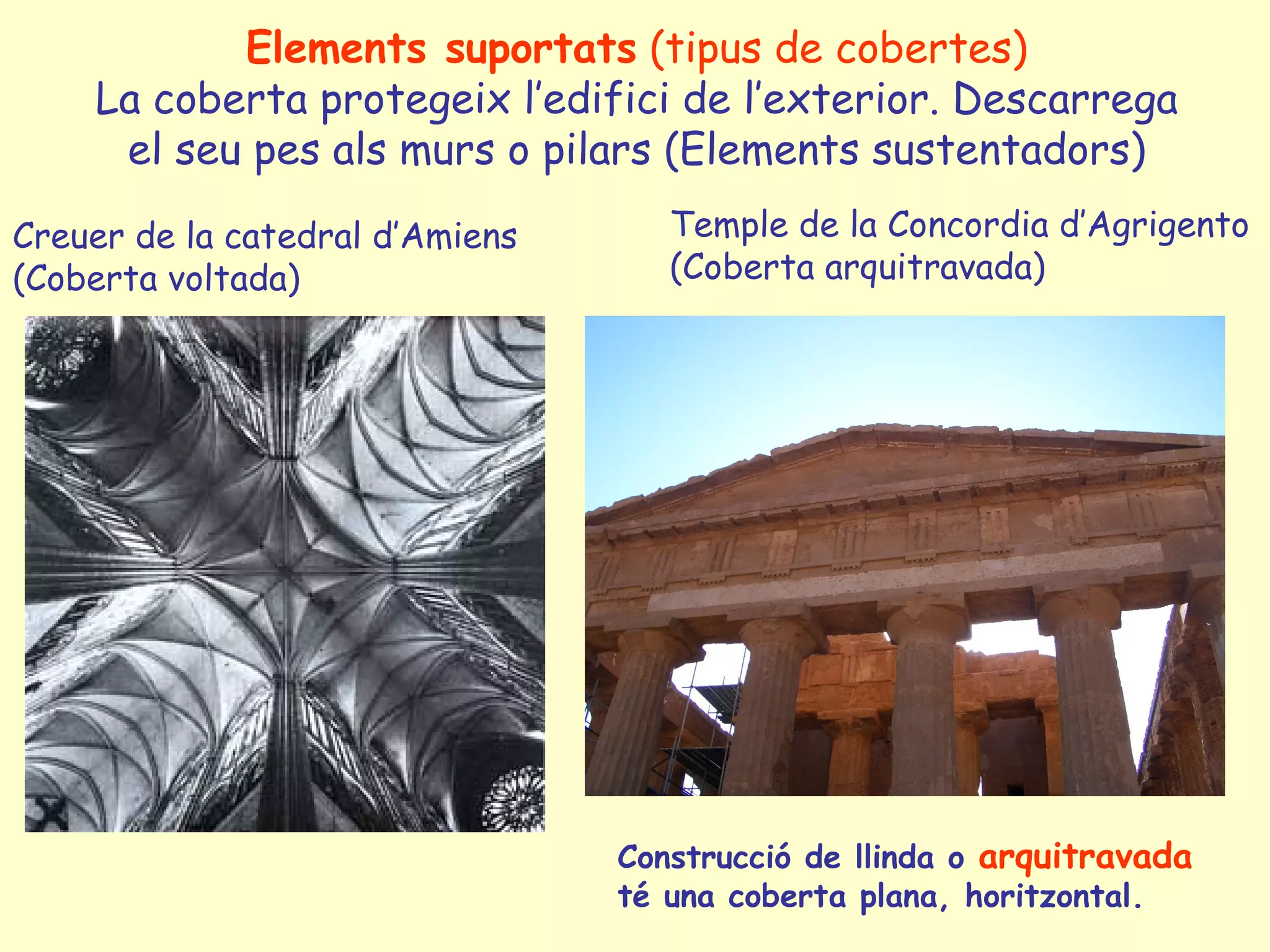 Elements suportats (tipus de cobertes)
    La coberta protegeix l’edifici de l’exterior. Descarrega
     el seu pes als murs o pilars (Elements sustentadors)
Creuer de la catedral d’Amiens      Temple de la Concordia d’Agrigento
(Coberta voltada)                   (Coberta arquitravada)




                                 Construcció de llinda o arquitravada
                                 té una coberta plana, horitzontal.
 