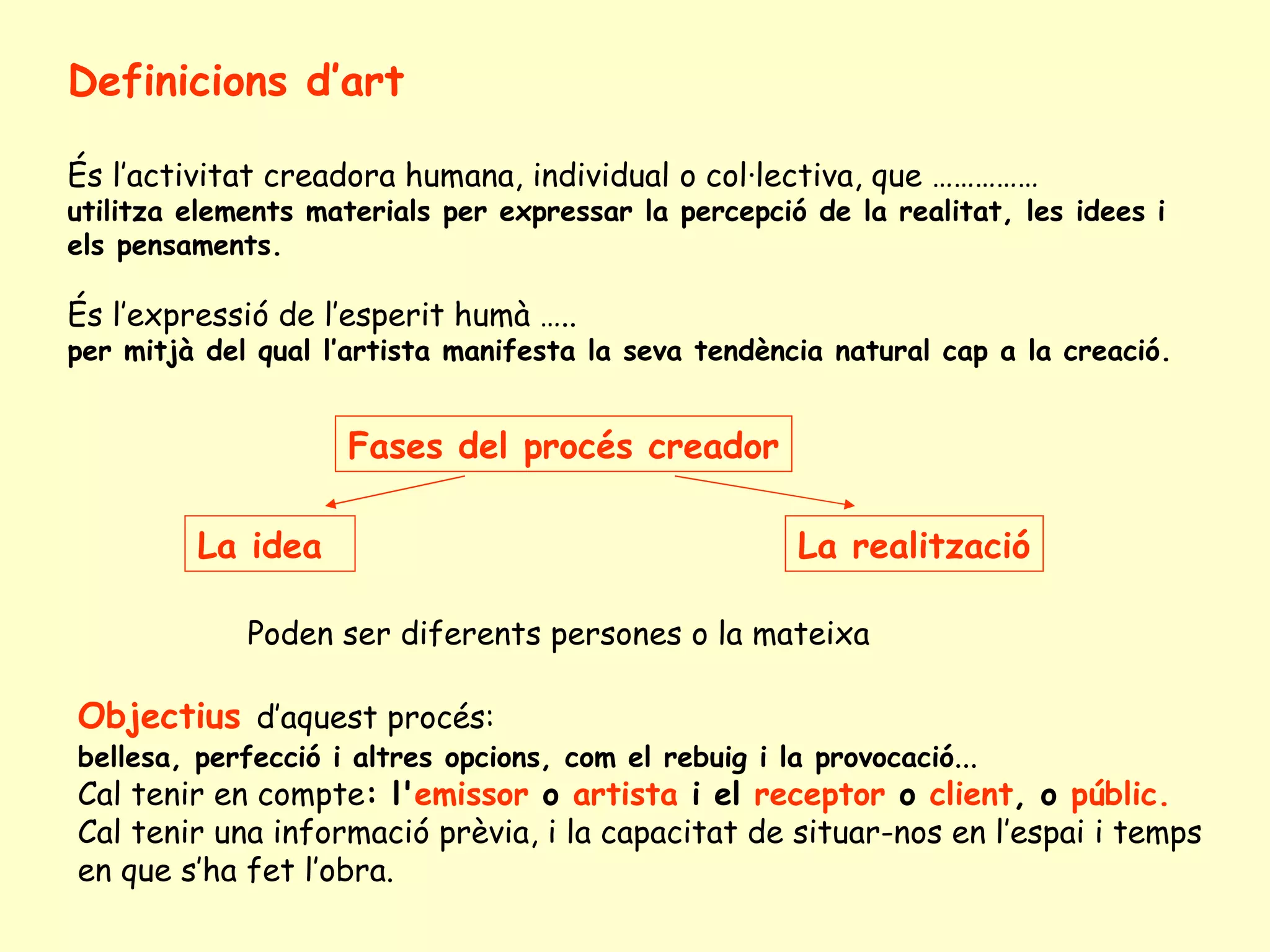 Definicions d’art

És l’activitat creadora humana, individual o col·lectiva, que ……………
utilitza elements materials per expressar la percepció de la realitat, les idees i
els pensaments.

És l’expressió de l’esperit humà …..
per mitjà del qual l’artista manifesta la seva tendència natural cap a la creació.


                    Fases del procés creador

         La idea                                       La realització

             Poden ser diferents persones o la mateixa

Objectius d’aquest procés:
bellesa, perfecció i altres opcions, com el rebuig i la provocació...
Cal tenir en compte: l'emissor o artista i el receptor o client, o públic.
Cal tenir una informació prèvia, i la capacitat de situar-nos en l’espai i temps
en que s’ha fet l’obra.
 