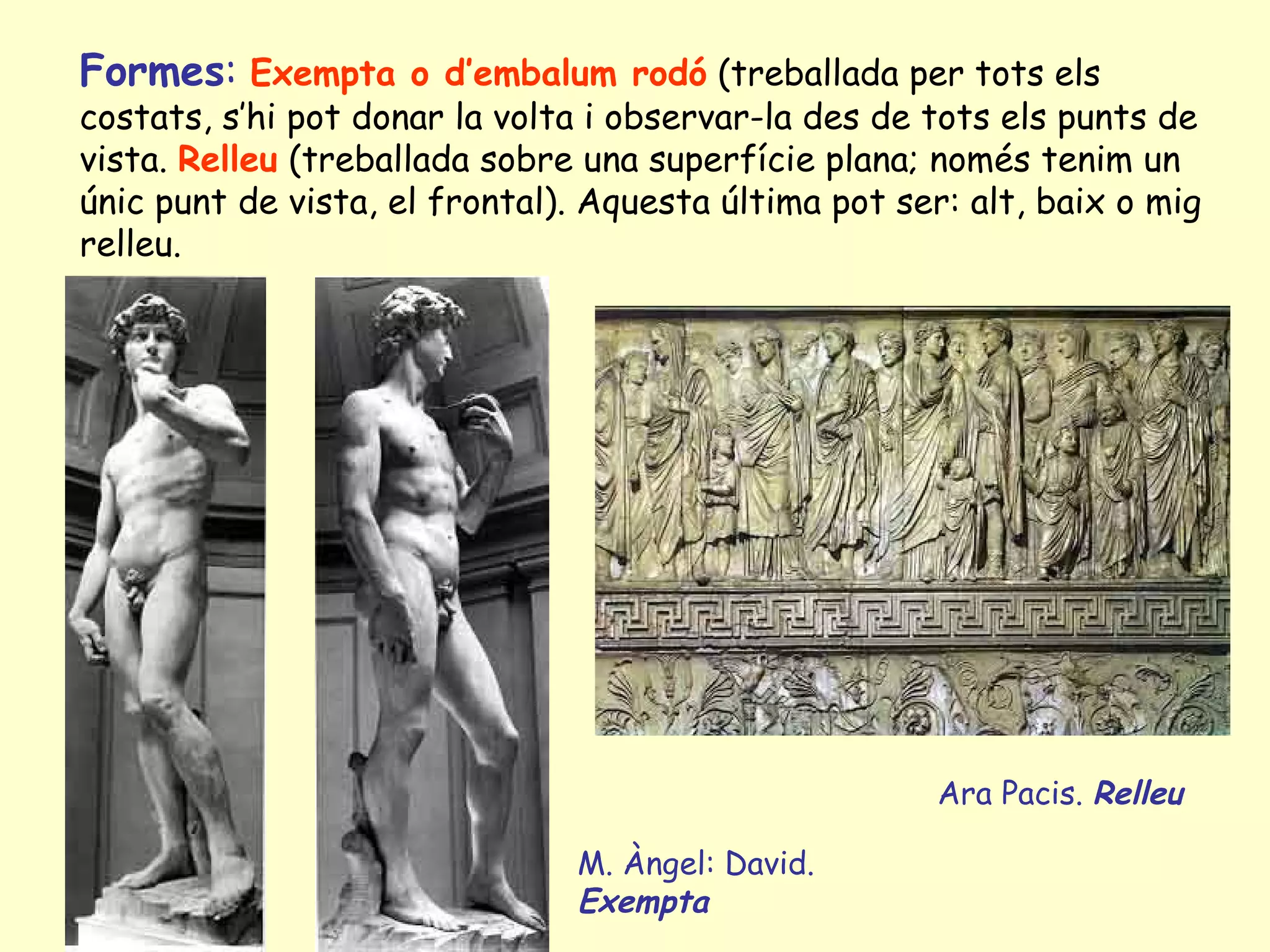 Formes: Exempta o d’embalum rodó (treballada per tots els
costats, s’hi pot donar la volta i observar-la des de tots els punts de
vista. Relleu (treballada sobre una superfície plana; només tenim un
únic punt de vista, el frontal). Aquesta última pot ser: alt, baix o mig
relleu.




                                                       Ara Pacis. Relleu

                               M. Àngel: David.
                               Exempta
 