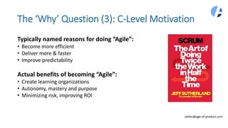 The ‘Why’ Question (3): C-Level Motivation
Typically named reasons for doing “Agile”:
• Become more efficient
• Deliver mo...
