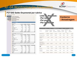 RF-04 Monitorização Financeira
Lista de despesas:
-Por rúbrica
-Por projeto
-Por instituição
FCT-SIG Saldo Orçamental por rubrica
X Contorno
- Amostragem
 