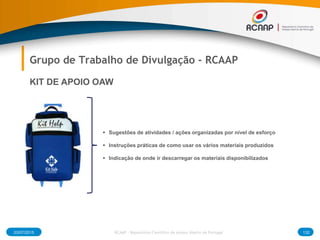 03/07/2015 132RCAAP - Repositório Cientifico de Acesso Aberto de Portugal
Grupo de Trabalho de Divulgação - RCAAP
 Sugestões de atividades / ações organizadas por nível de esforço
 Instruções práticas de como usar os vários materiais produzidos
 Indicação de onde ir descarregar os materiais disponibilizados
KIT DE APOIO OAW
 