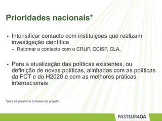 Prioridades nacionais*
 Intensificar contacto com instituições que realizam
investigação científica
 Retomar o contacto com o CRUP, CCISP, CLA,
 Para a atualização das políticas existentes, ou
definição de novas políticas, alinhadas com as políticas
da FCT e do H2020 e com as melhores práticas
internacionais
*para os próximos 6 meses de projeto
 