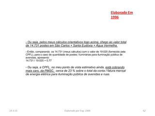 Elaborado Em
                                                                                1996




          - Ou seja, pelos meus cálculos orientativos logo acima, chego ao valor total
          de 14.731 postes em São Carlos + Santa Eudóxia + Água Vermelha.
          - Então, comparando os 14.731 (meus cálculos) com o valor de 19.020 (fornecido pela
          CPFL), para o caso de quantidade de postes / luminárias para iluminação pública de
          avenidas, apresento:
          14.731 / 19.020 = 0,77

          - Ou seja, a CPFL, no meu ponto de vista estimativo ainda, está cobrando
          mais caro, da PMSC, cerca de 23 % sobre o total da conta / fatura mensal
          de energia elétrica para iluminação pública de avenidas e ruas.




14.3.13                                   Elaborado por Eng. LIMA                               62
 