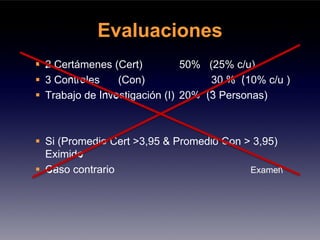 Evaluaciones
2 Certámenes (Cert)          50% (25% c/u)
3 Controles    (Con)              30 % (10% c/u )
Trabajo de Investigación (I) 20% (3 Personas)



Si (Promedio Cert >3,95 & Promedio Con > 3,95)
Eximido
Caso contrario                          Examen
 