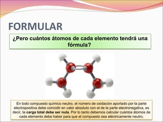 En todo compuesto químico neutro, el número de oxidación aportado por la parte electropositiva debe coincidir en valor absoluto con el de la parte electronegativa, es decir, la  carga total debe ser nula . Por lo tanto debemos calcular cuántos átomos de cada elemento debe haber para que el compuesto sea eléctricamente neutro. ¿Pero cuántos átomos de cada elemento tendrá una fórmula?  