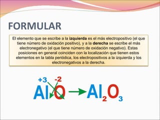 El elemento que se escribe a la  izquierda  es el más electropositivo (el que tiene número de oxidación positivo), y a la  derecha  se escribe el más electronegativo (el que tiene número de oxidación negativo). Estas posiciones en general coinciden con la localización que tienen estos elementos en la tabla periódica, los electropositivos a la izquierda y los electronegativos a la derecha. 
