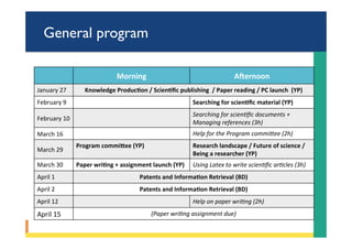 General program
Morning	 A.ernoon	
January	27	 Knowledge	Produc6on	/	Scien6ﬁc	publishing		/	Paper	reading	/	PC	launch		(YP)	
February	9	 		 Searching	for	scien6ﬁc	material	(YP)	
February	10	
Searching	for	scien.ﬁc	documents	+	
Managing	references	(3h)			
March	16	 Help	for	the	Program	commi=ee	(2h)		
March	29	
Program	commiEee	(YP)	
	
Research	landscape	/	Future	of	science	/	
Being	a	researcher	(YP)	
March	30		 Paper	wri6ng	+	assignment	launch	(YP)	 Using	Latex	to	write	scien.ﬁc	ar.cles	(3h)		
April	1	 Patents	and	Informa6on	Retrieval	(BD)	
April	2	 Patents	and	Informa6on	Retrieval	(BD)		
April	12		 Help	on	paper	wri.ng	(2h)	
April	15		 (Paper	wri.ng	assignment	due)	
 