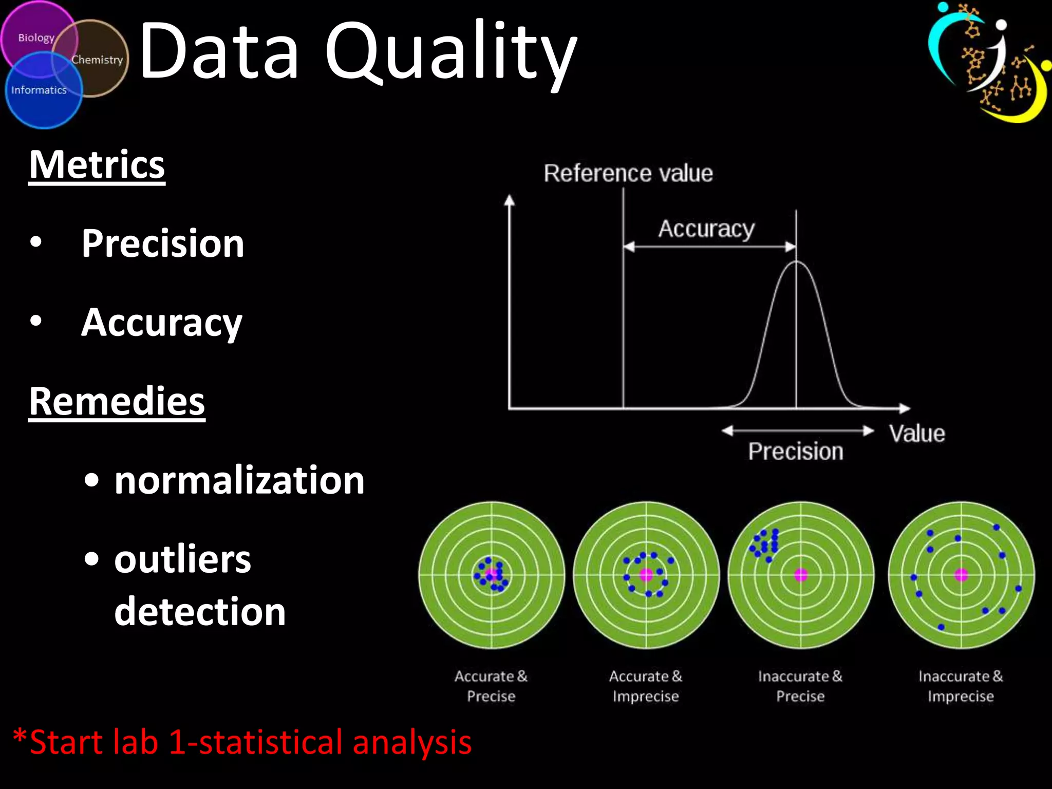 Data Quality
Metrics
• Precision
• Accuracy
Remedies

• normalization
• outliers
detection
*Start lab 1-statistical analysis

 