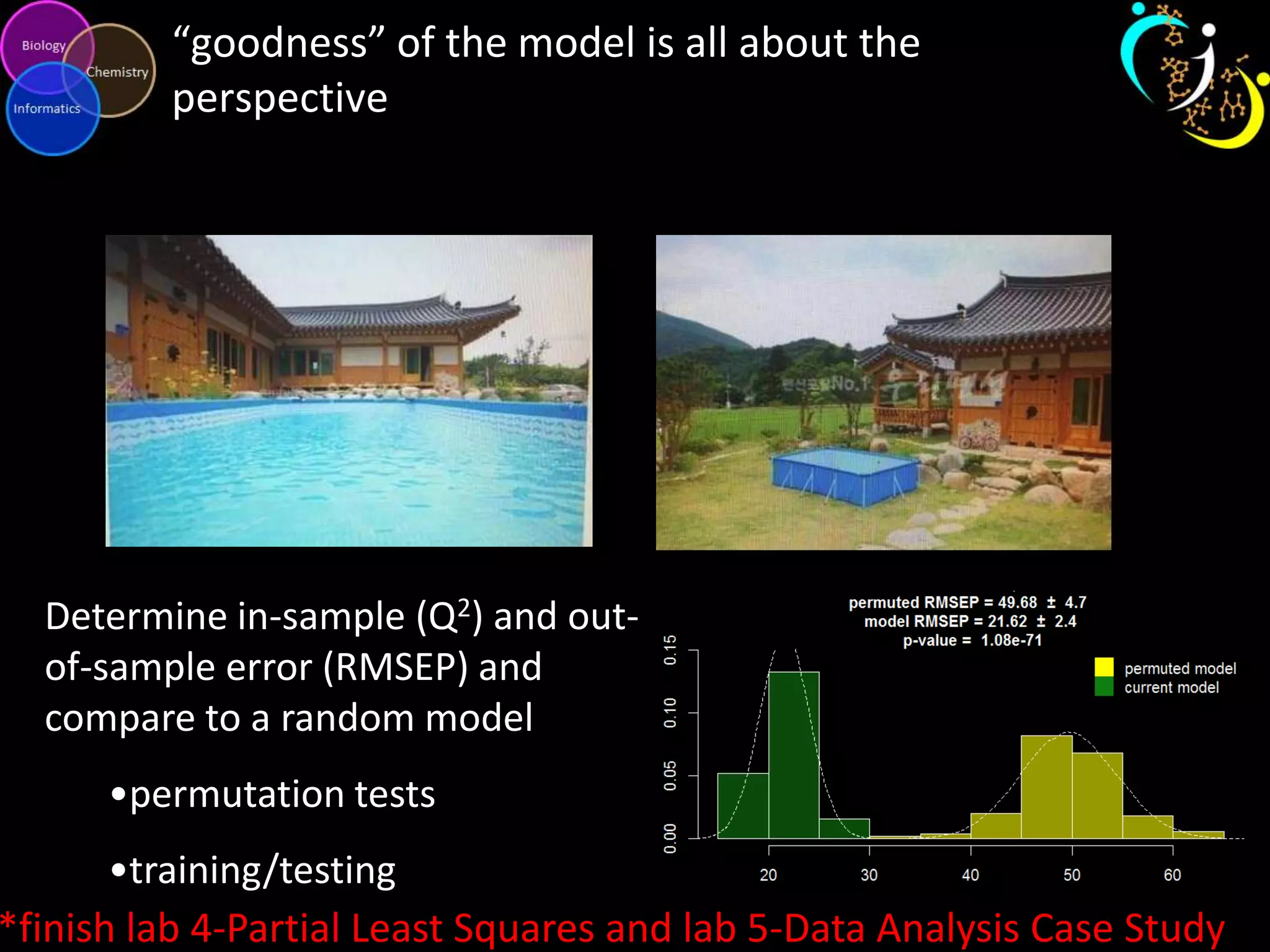 “goodness” of the model is all about the
perspective

Determine in-sample (Q2) and outof-sample error (RMSEP) and
compare to a random model
•permutation tests

•training/testing
*finish lab 4-Partial Least Squares and lab 5-Data Analysis Case Study

 