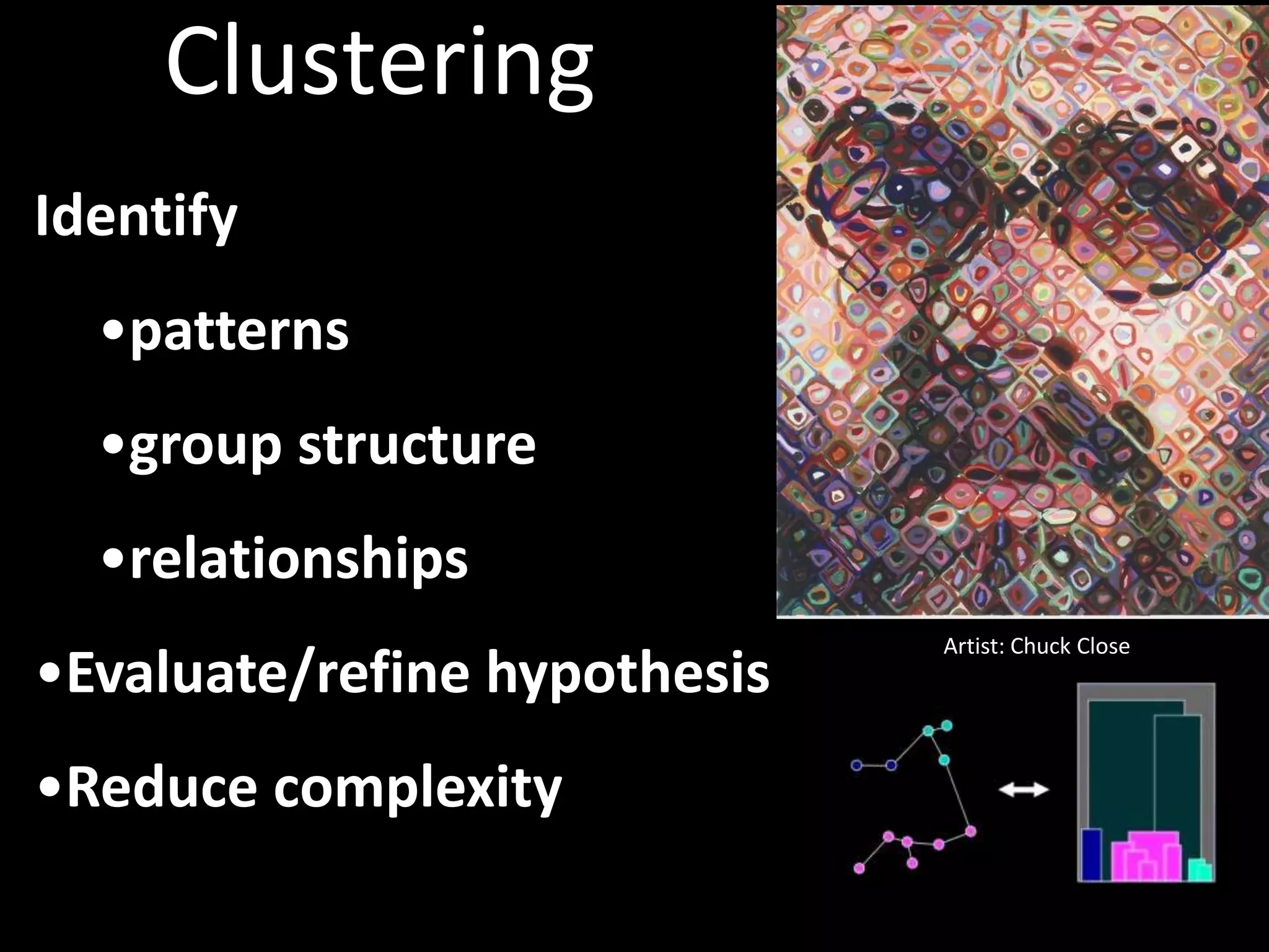 Clustering 
Identify 
•patterns 
•group structure 
•relationships 
•Evaluate/refine hypothesis 
•Reduce complexity 
Artist: Chuck Close 
 