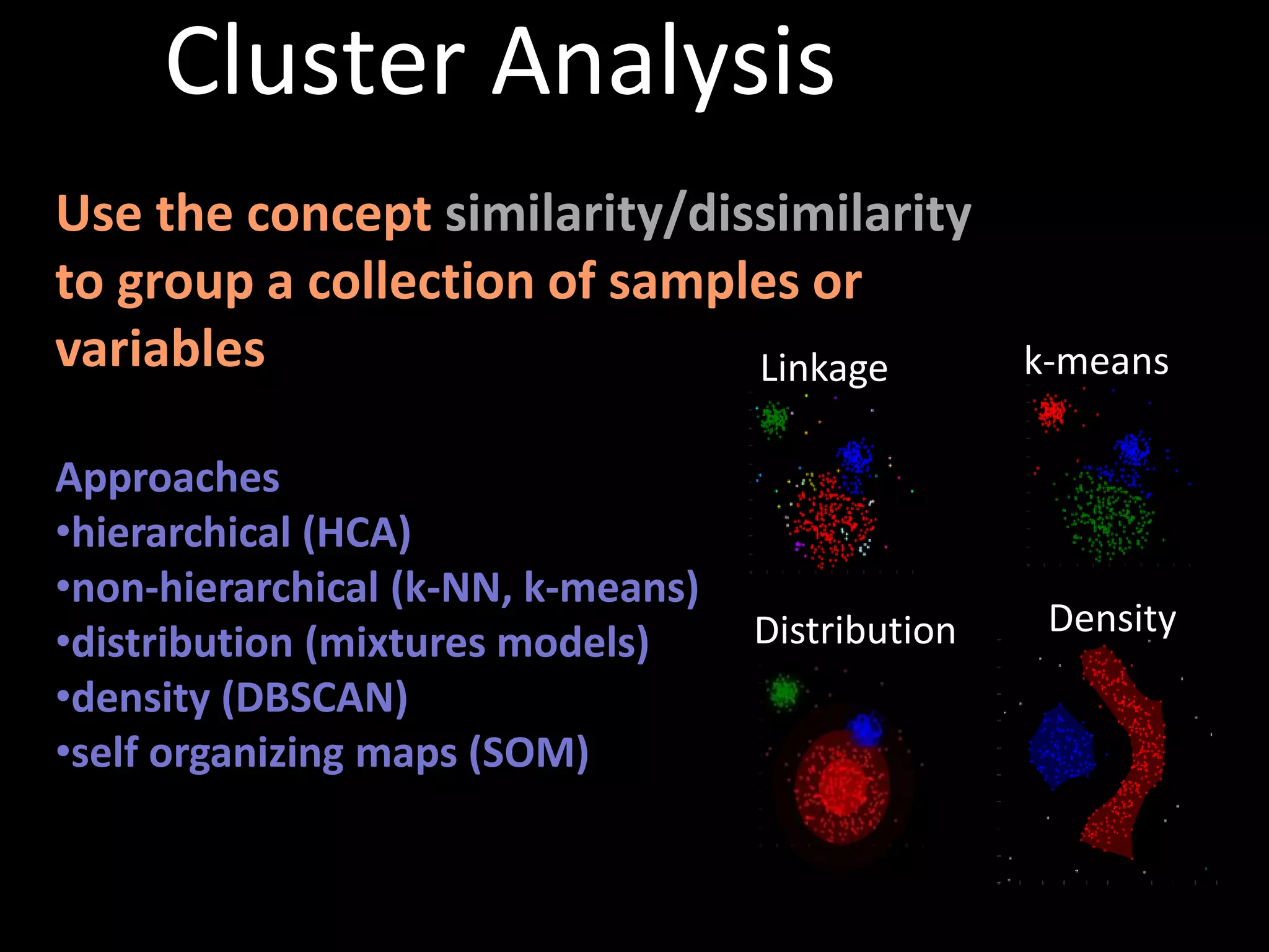 Cluster Analysis 
Use the concept similarity/dissimilarity 
to group a collection of samples or 
variables 
Approaches 
•hierarchical (HCA) 
•non-hierarchical (k-NN, k-means) 
•distribution (mixtures models) 
•density (DBSCAN) 
•self organizing maps (SOM) 
Linkage k-means 
Distribution Density 
 