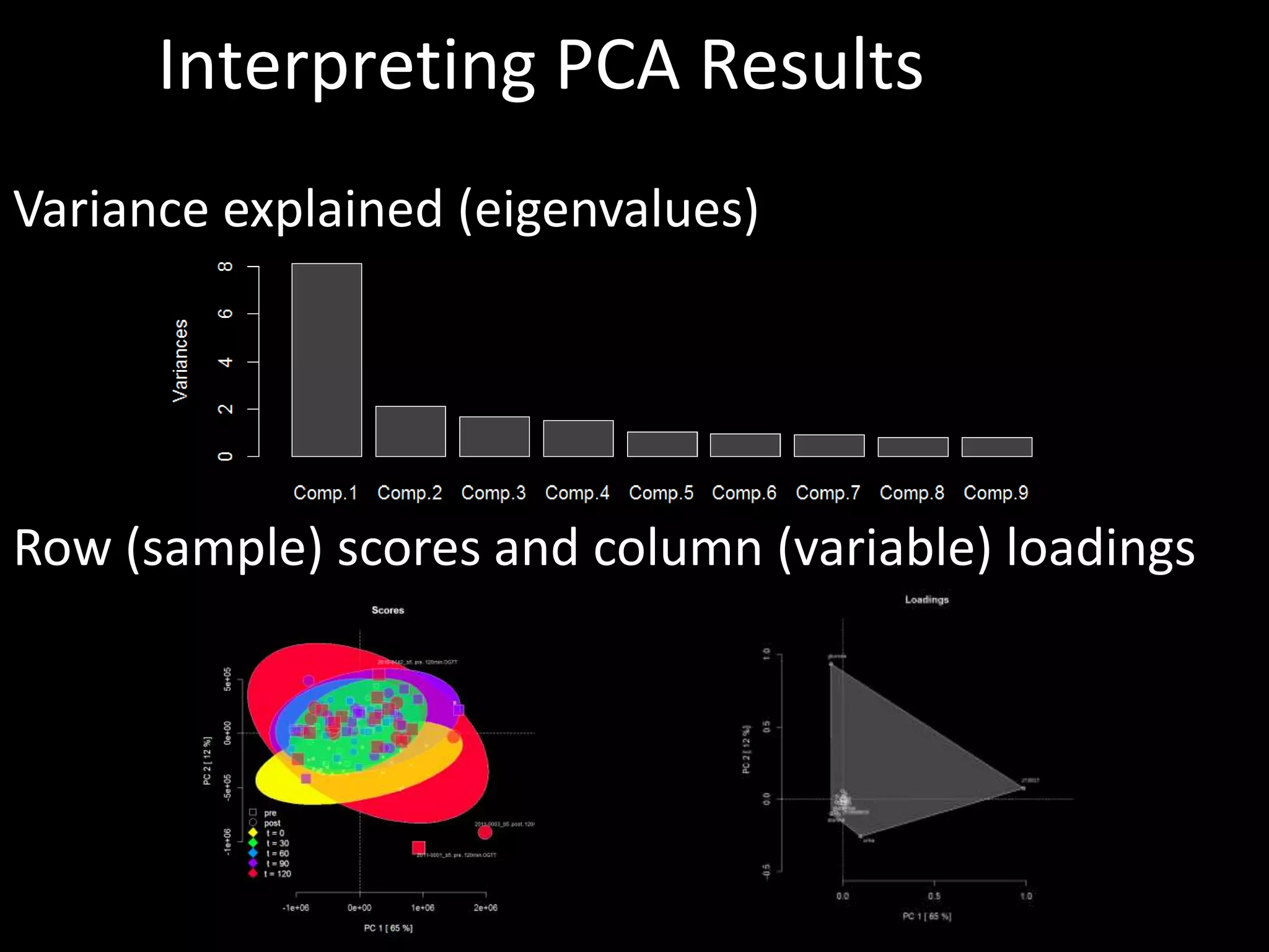 Interpreting PCA Results 
Variance explained (eigenvalues) 
Row (sample) scores and column (variable) loadings 
 