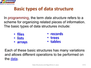 Data Structures and Algorithms in Java 4/10
Basic types of data structure
• files
• lists
• arrays
In programming, the term data structure refers to a
scheme for organizing related pieces of information.
The basic types of data structures include:
Each of these basic structures has many variations
and allows different operations to be performed on
the data.
• records
• trees
• tables
 