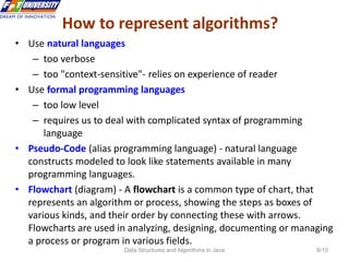 Data Structures and Algorithms in Java 8/10
How to represent algorithms?
• Use natural languages
– too verbose
– too "context-sensitive"- relies on experience of reader
• Use formal programming languages
– too low level
– requires us to deal with complicated syntax of programming
language
• Pseudo-Code (alias programming language) - natural language
constructs modeled to look like statements available in many
programming languages.
• Flowchart (diagram) - A flowchart is a common type of chart, that
represents an algorithm or process, showing the steps as boxes of
various kinds, and their order by connecting these with arrows.
Flowcharts are used in analyzing, designing, documenting or managing
a process or program in various fields.
 