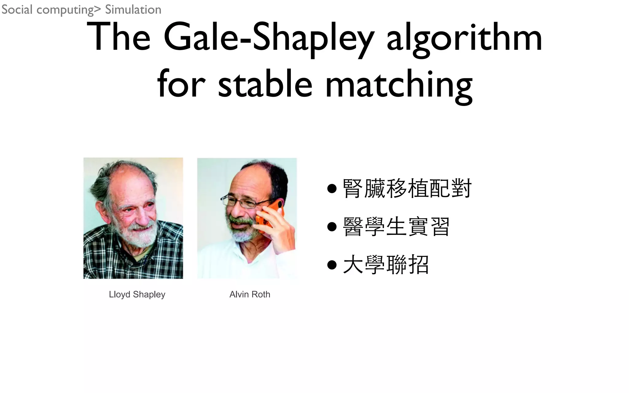 The Gale-Shapley algorithm for stable matching • • • Lloyd Shapley Alvin Roth Social computing> Simulation 