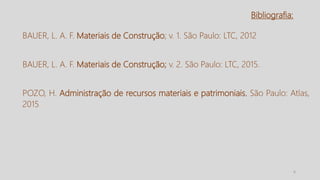 Bibliografia:
6
BAUER, L. A. F. Materiais de Construção; v. 1. São Paulo: LTC, 2012
BAUER, L. A. F. Materiais de Construção; v. 2. São Paulo: LTC, 2015.
POZO, H. Administração de recursos materiais e patrimoniais. São Paulo: Atlas,
2015
 