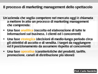 Il processo di marketing management dello spettacolo Un’azienda che voglia competere nel mercato oggi è chiamata a mettere in atto un processo di marketing management che comprenda: Una fase  analitica  (raccolta ed elaborazione di tutte le informazioni sul business, i clienti ed i concorrenti) Una fase  strategica  (decisioni di medio-lungo periodo circa gli obiettivi di ascolto e di vendita, i target da raggiungere ed il posizionamento da assumere rispetto ai concorrenti) Una fase  operativa  (caratteristiche dei prodotti, tariffe, promozione, canali di distribuzione più idonei) 