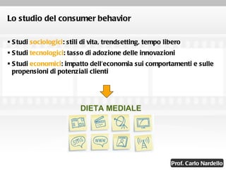Lo studio del consumer behavior Studi  sociologici : stili di vita, trendsetting, tempo libero Studi  tecnologici : tasso di adozione delle innovazioni Studi  economici : impatto dell’economia sui comportamenti e sulle propensioni di potenziali clienti DIETA MEDIALE 