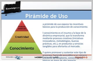 Pirámide de Uso La pirámide de uso expone los incentivos básicos para la producción de conocimiento. El conocimiento es el insumo y la base de la dinámica empresarial, que lo transforma mediante procesos creativos (iniciativas innovadoras, metodologías, buenas prácticas, etc.), en productos y servicios tangibles para ofertarlos al mercado. KF quiere promover y sustentar este tipo de procesos, haciendo accesibles a un número creciente de receptores, conocimientos básicos en áreas de alto impacto. 