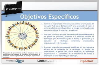 Generar un escenario de innovación, que permita la formulación del concepto “Fabrica de Conocimiento” y la generación de valor al sector productivo, contribuyendo en la sinergia entre la cadena de valor de tecnología,  la empresa y la academia. Contribuir con la socialización de buenas prácticas empresariales y de gestión de proyectos, orientada a la adopción eficiente de tecnología, pilar fundamental para el diseño, la planeación y la ejecución de estrategias comerciales, empresariales, organizacionales y de mercadeo.  Promover una cultura empresarial, solidificada por su eficiencia y eficacia en la utilización de la tecnología, la gestión del conocimiento, la gestión del capital intelectual, el aprendizaje organizacional y  conscientes de la importancia de acceso e interacción en todo momento y en todo lugar. Objetivos Específicos “ Integración de conocimiento,  confluyen disciplinas como: la administración de empresas, la informática, la comunicación, la electrónica, la teoría organizacional, la psicología organizacional, entre otras…” 