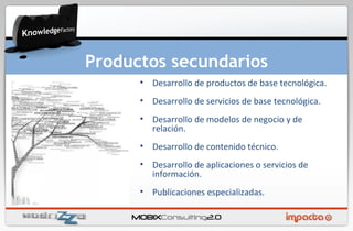Desarrollo de productos de base tecnológica. Desarrollo de servicios de base tecnológica. Desarrollo de modelos de negocio y de relación. Desarrollo de contenido técnico. Desarrollo de aplicaciones o servicios de información. Publicaciones especializadas. Productos secundarios 