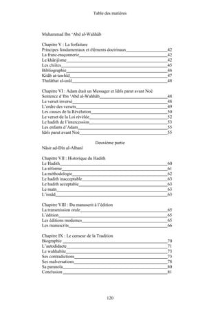 Table des matières



Muhammad Ibn ‘Abd al-Wahhâb

Chapitre V : La forfaiture
Principes fondamentaux et éléments doctrinaux                   42
La franc-maçonnerie                                             42
Le khârijîsme                                                   42
Les chiites                                                     45
Bibliographie                                                   46
Kitâb at-tawhîd                                                 47
Thalâthat al-usûl                                               48

Chapitre VI : Adam était un Messager et Idrîs parut avant Noé
Sentence d’Ibn ‘Abd al-Wahhâb                                   48
Le verset inversé                                               48
L’ordre des versets                                             49
Les causes de la Révélation                                     50
Le verset de la Loi révélée                                     52
Le hadith de l’intercession                                     53
Les enfants d’Adam                                              55
Idrîs parut avant Noé                                           55

                              Deuxième partie
Nâsir ad-Dîn al-Albanî

Chapitre VII : Historique du Hadith
Le Hadith                                                       60
La réforme                                                      61
La méthodologie                                                 62
Le hadith inacceptable                                          63
Le hadith acceptable                                            63
Le matn                                                         63
L’isnâd                                                         63

Chapitre VIII : Du manuscrit à l’édition
La transmission orale                                           65
L’édition                                                       65
Les éditions modernes                                           65
Les manuscrits                                                  66

Chapitre IX : Le censeur de la Tradition
Biographie                                                      70
L’autodidacte                                                   71
Le wahhabite                                                    73
Ses contradictions                                              73
Ses malversations                                               78
Sa paranoïa                                                     80
Conclusion                                                      81




                                      120
 
