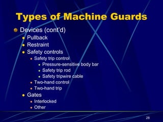 28
Types of Machine Guards
Devices (cont’d)
 Pullback
 Restraint
 Safety controls
 Safety trip control
 Pressure-sensitive body bar
 Safety trip rod
 Safety tripwire cable
 Two-hand control
 Two-hand trip
 Gates
 Interlocked
 Other
 