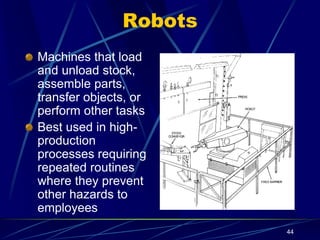 44
Robots
Machines that load
and unload stock,
assemble parts,
transfer objects, or
perform other tasks
Best used in high-
production
processes requiring
repeated routines
where they prevent
other hazards to
employees
 