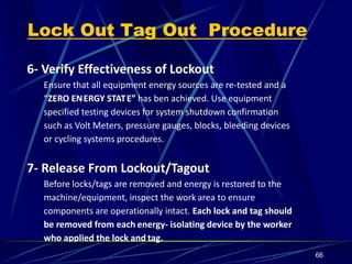 66
6- Verify Effectiveness of Lockout
Ensure that all equipment energy sources are re-tested and a
“ZERO ENERGY STATE” has ben achieved. Use equipment
specified testing devices for system shutdown confirmation
such as Volt Meters, pressure gauges, blocks, bleeding devices
or cycling systems procedures.
7- Release From Lockout/Tagout
Before locks/tags are removed and energy is restored to the
machine/equipment, inspect the work area to ensure
components are operationally intact. Each lock and tag should
be removed from each energy- isolating device by the worker
who applied the lock and tag.
Lock Out Tag Out Procedure
 
