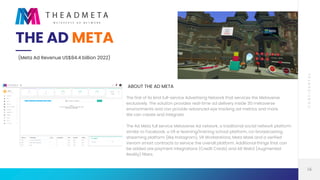 ABOUT THE AD META
The first of its kind full-service Advertising Network that services the Metaverse
exclusively. The solu...