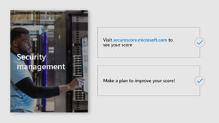 Security
management
Visit securescore.microsoft.com to
see your score
Make a plan to improve your score!
 