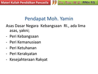 Materi Kuliah Pendidikan Pancasila




                 Pendapat Moh. Yamin
   Asas Dasar Negara Kebangsaan RI., ada lima
     asas, yakni;
   - Peri Kebangsaan
   - Peri Kemanusiaan
   - Peri Ketuhanan
   - Peri Kerakyatan
   - Kesejahteraan Rakyat
 
