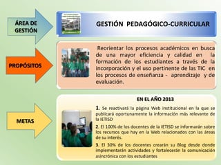 ÁREA DE     GESTIÓN PEDAGÓGICO-CURRICULAR
 GESTIÓN

              Reorientar los procesos académicos en busca
             de una mayor eficiencia y calidad en la
             formación de los estudiantes a través de la
PROPÓSITOS   incorporación y el uso pertinente de las TIC en
             los procesos de enseñanza - aprendizaje y de
             evaluación.

                                 EN EL AÑO 2013
             1.  Se reactivará la página Web institucional en la que se
             publicará oportunamente la información más relevante de
  METAS      la IETISD
             2. El 100% de los docentes de la IETISD se informarán sobre
             los recursos que hay en la Web relacionados con las áreas
             de su interés.
             3. El 30% de los docentes crearán su Blog desde donde
             implementarán actividades y fortalecerán la comunicación
             asincrónica con los estudiantes
 