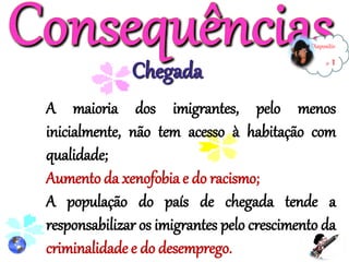 Diapositiv 
o 1 
A maioria dos imigrantes, pelo menos 
inicialmente, não tem acesso à habitação com 
qualidade; 
Aumento da xenofobia e do racismo; 
A população do país de chegada tende a 
responsabilizar os imigrantes pelo crescimento da 
criminalidade e do desemprego. 
