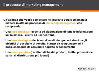 Il processo di marketing management



Un’azienda che voglia competere nel mercato oggi è chiamata a
 mettere in atto un processo di marketing management che
 comprenda:
 Una fase analitica (raccolta ed elaborazione di tutte le informazioni
  sul business, i clienti ed i concorrenti)
 Una fase strategica (decisioni di medio-lungo periodo circa gli
  obiettivi di ascolto e di vendita, i target da raggiungere ed il
  posizionamento da assumere rispetto ai concorrenti)
 Una fase operativa (caratteristiche dei prodotti, tariffe, promozione,
  canali di distribuzione più idonei)



                                                           Prof. Carlo Nardello
 