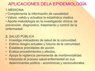 APLICACIONES DELA EPIDEMIOLOGÍA
1.MEDICINA
• Complementa la información de causalidad.
• Valora, valida y actualiza la estadística medica.
• Aporta metodología en la investigación clínica; de
prevención, diagnostico, tratamiento y control de la
enfermedad.
2. SALUD PÚBLICA
• Investiga indicadores de salud de la comunidad.
• Estima riesgos actuales y futuros de la comunidad.
• Establece prioridades de acción.
• Evalúa procedimientos y efectos.
• Apoya la vigilancia permanente de morbimortalidad.
• Interpreta el proceso salud-enfermedad en sus
determinantes político - económicas y socioculturales.
 