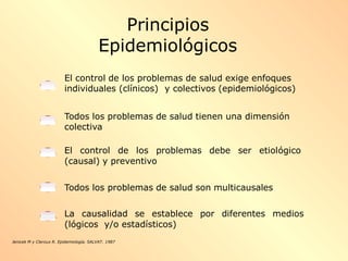El control de los problemas de salud exige enfoques
individuales (clínicos) y colectivos (epidemiológicos)
Todos los problemas de salud tienen una dimensión
colectiva
El control de los problemas debe ser etiológico
(causal) y preventivo
Todos los problemas de salud son multicausales
La causalidad se establece por diferentes medios
(lógicos y/o estadísticos)
Jenicek M y Cleroux R. Epidemiología. SALVAT. 1987
Principios
Epidemiológicos
 